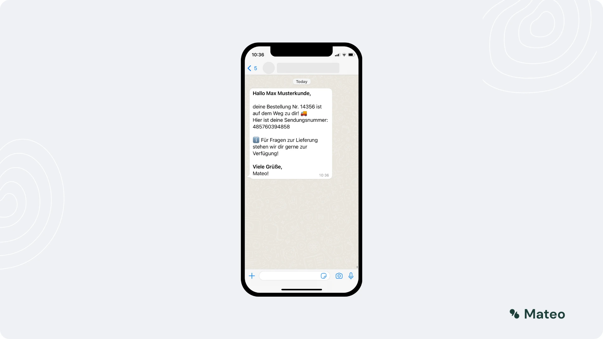 WhatsApp message with a shipping confirmation and tracking number as an example of key customer information