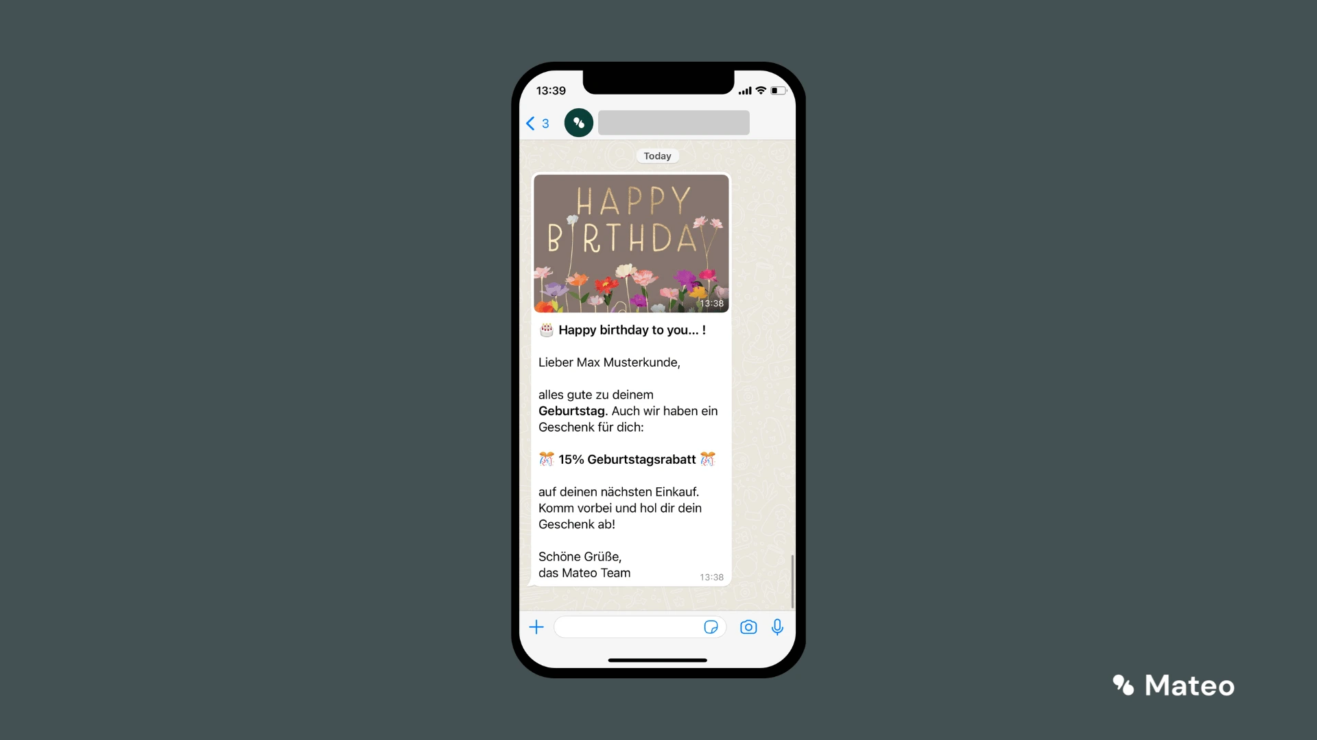 Screenshot: WhatsApp newsletter with a birthday image, greetings and a discount voucher for the next purchase