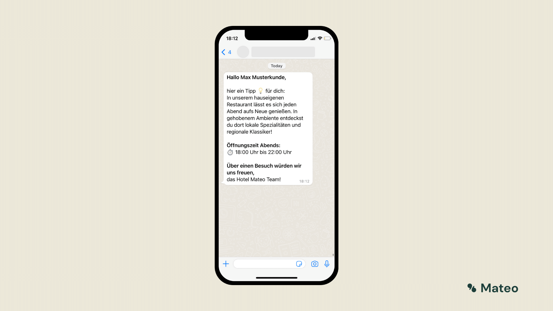 Screenshot: WhatsApp message from a hotel recommending its in-house restaurant and listing opening hours