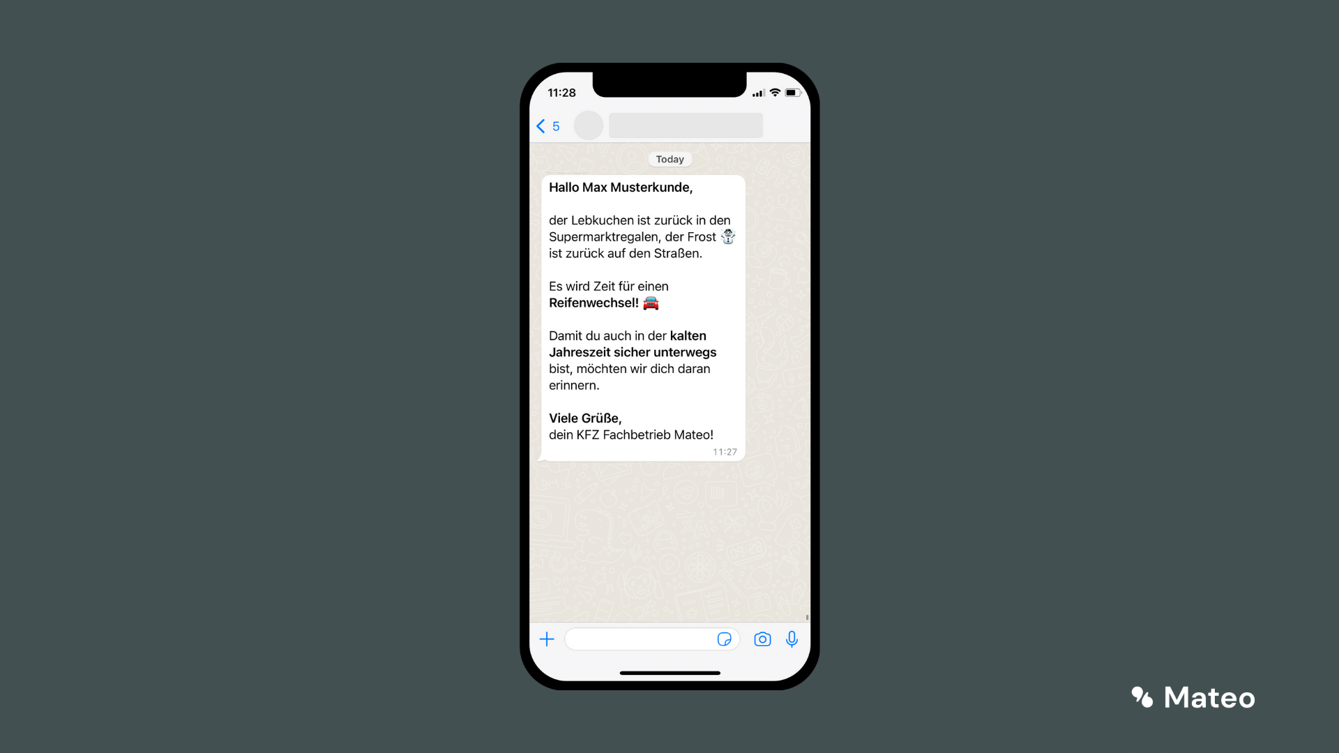Screenshot: WhatsApp message from a car workshop inviting a customer to book a tyre change before winter