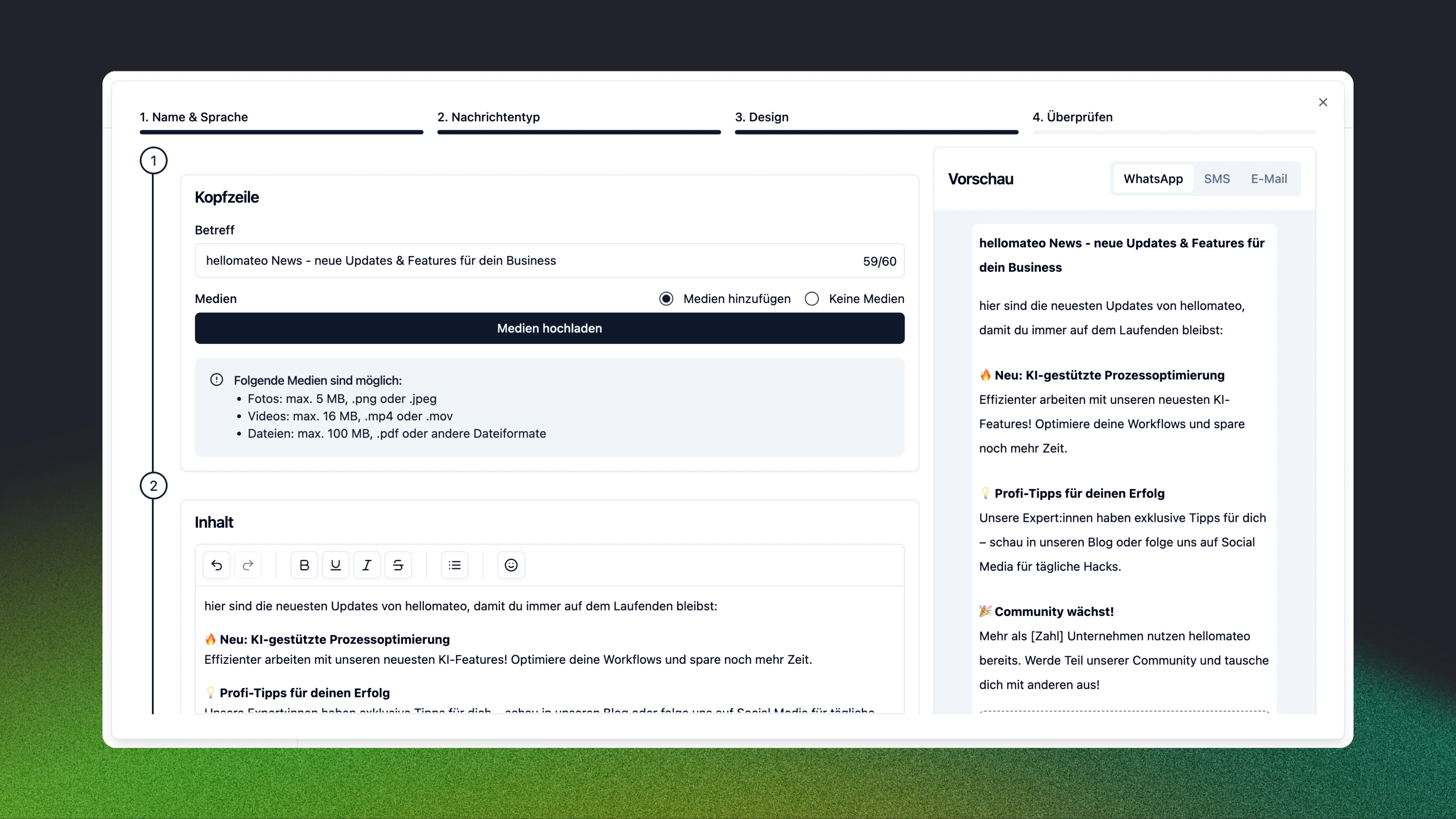 Screenshot der Planung eines WhatsApp Newsletters