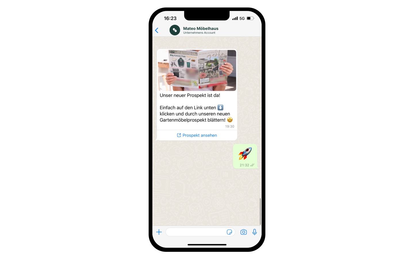 WhatsApp newsletter from a furniture store with an image and a link to its new garden furniture brochure