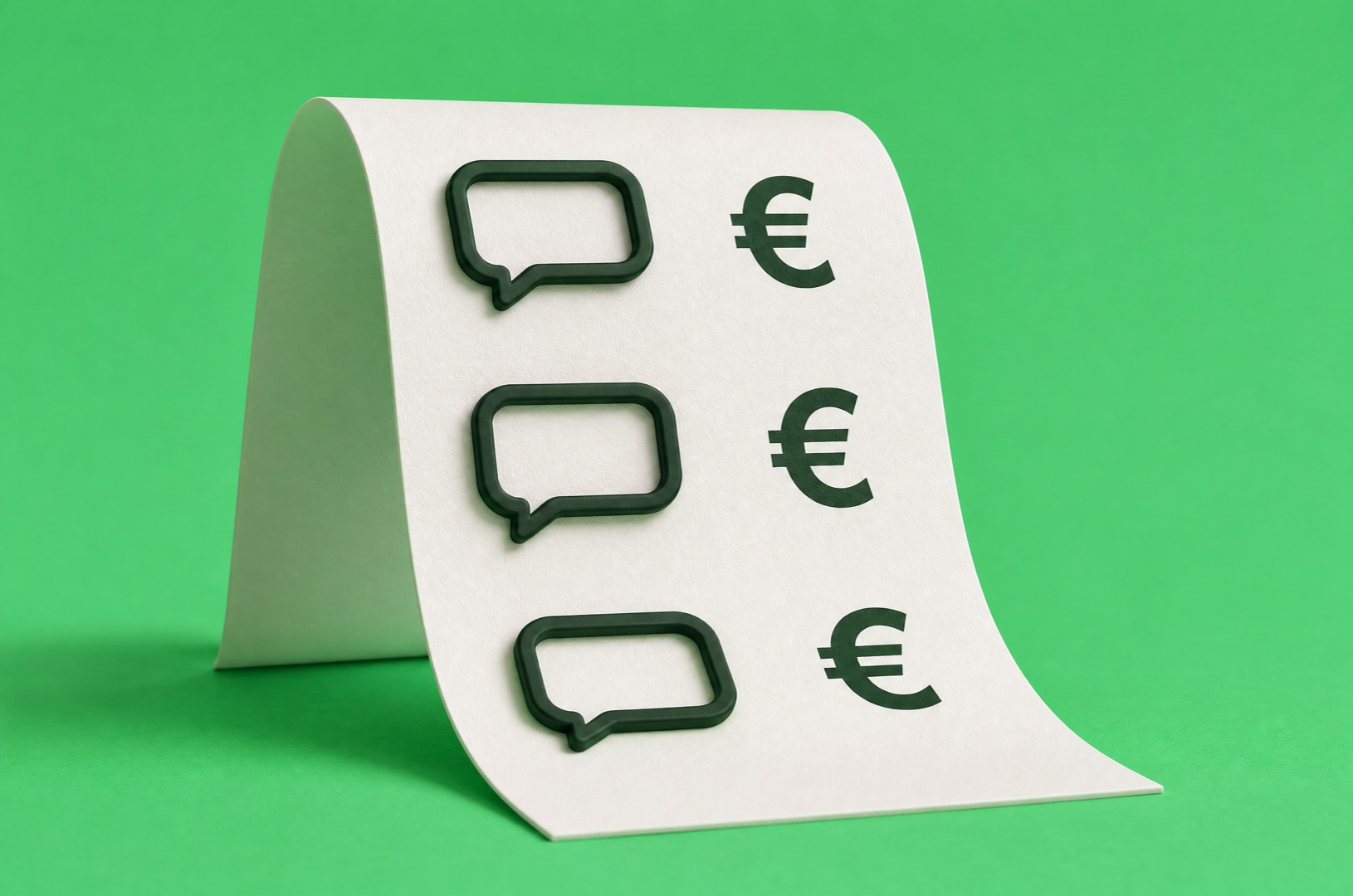 Papierstreifen mit drei Sprechblasen und Eurozeichen auf grünem Hintergrund