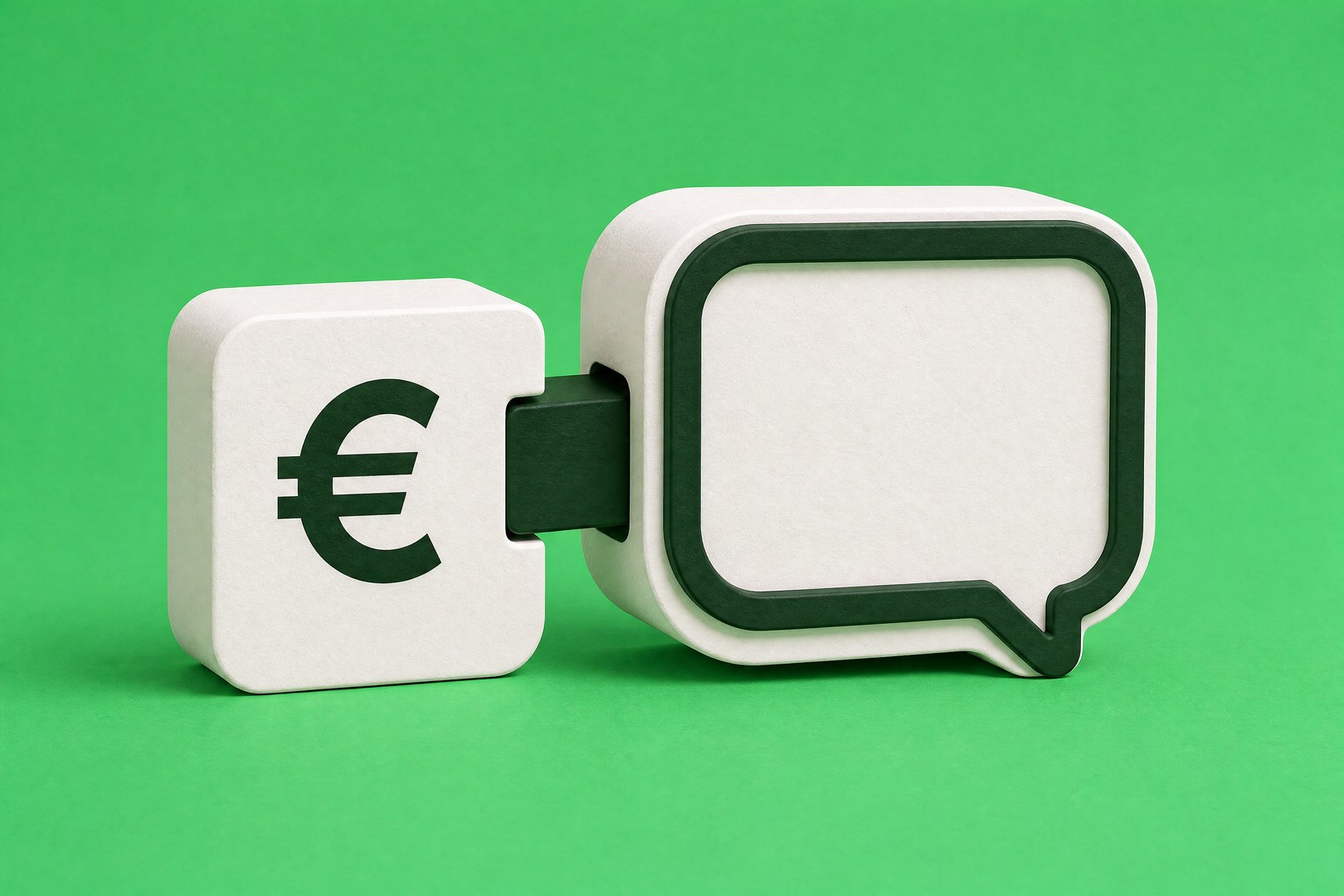 Weißer Block mit Eurozeichen, über einen Stecker mit einer Sprechblase verbunden, auf grünem Hintergrund