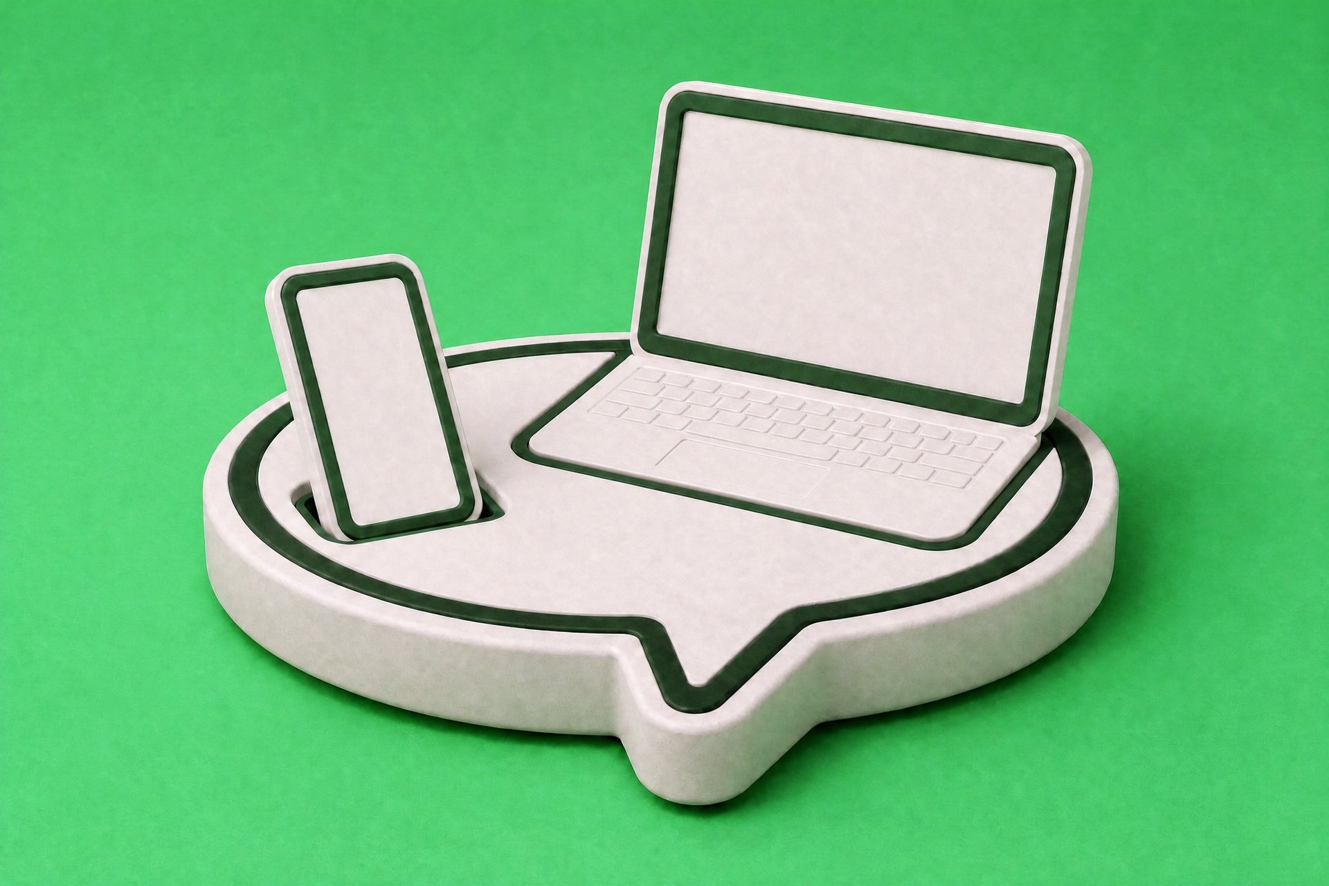 Eine weiße Sprechblase trägt ein Smartphone und einen aufgeklappten Laptop auf grünem Hintergrund