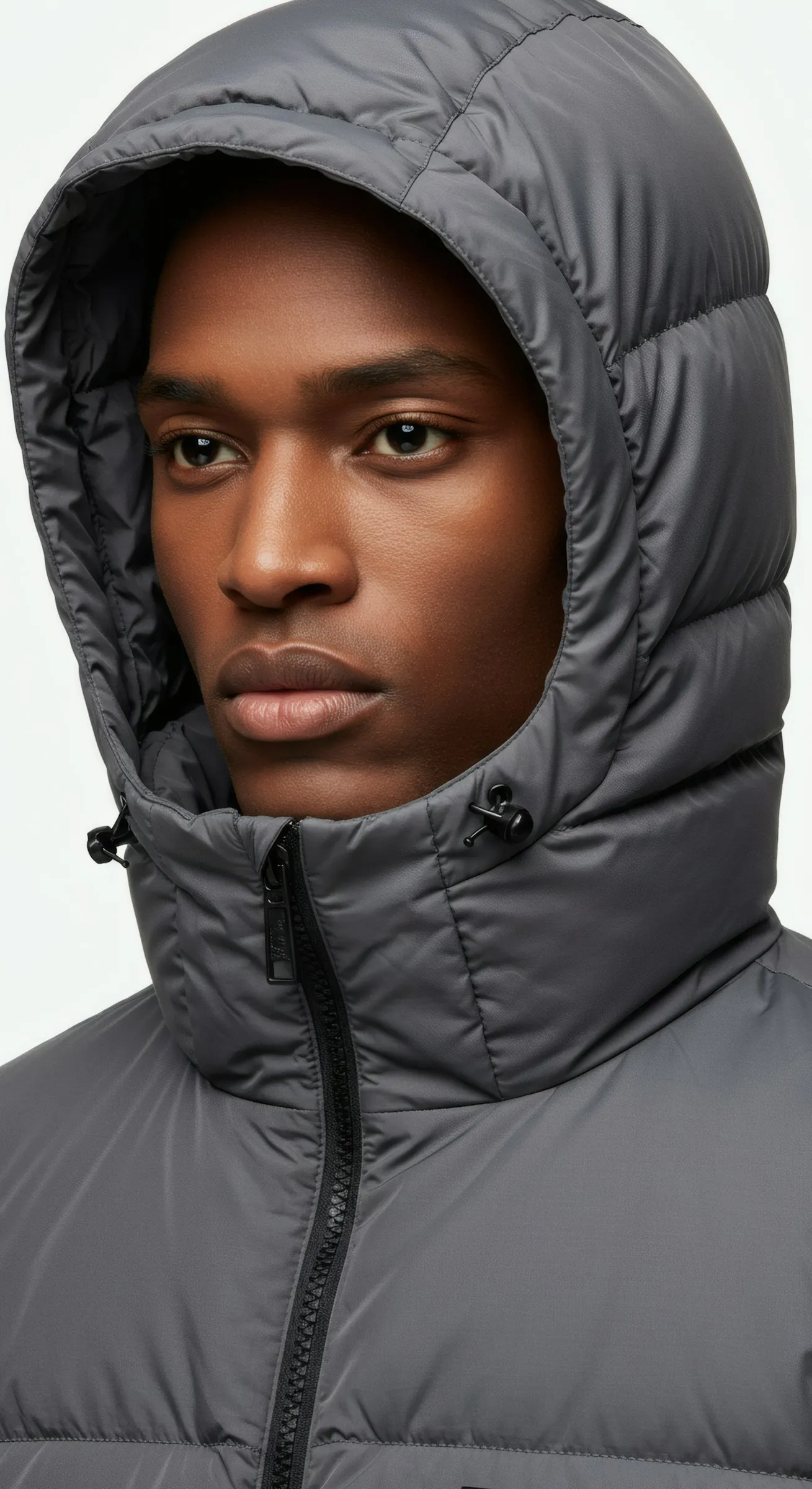 A young man wearing a grey hooded jacket.
