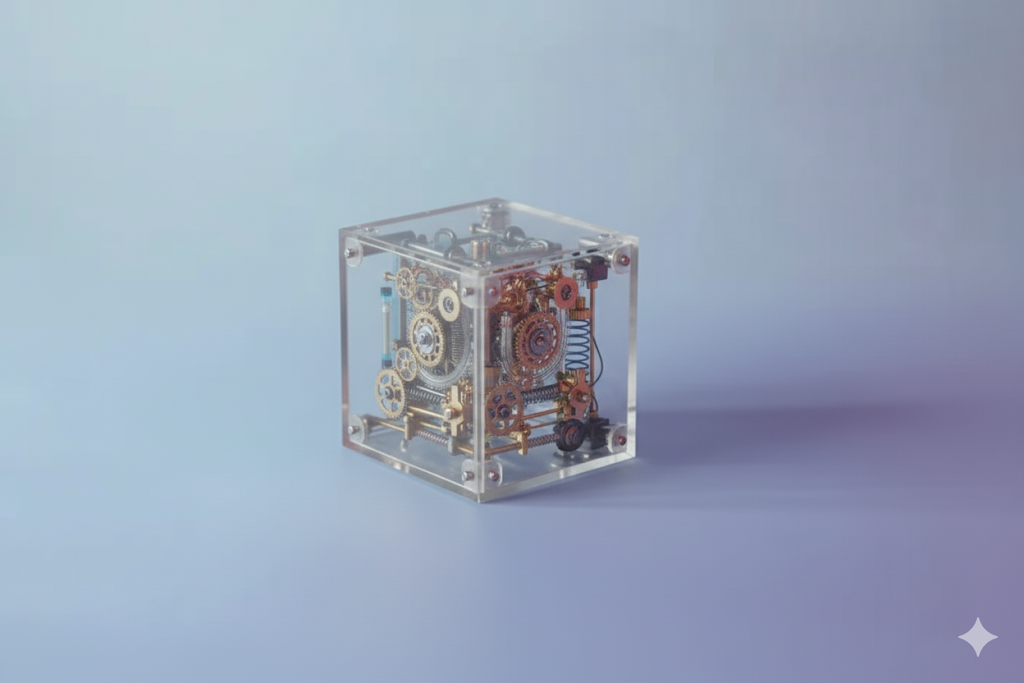A mechanical looking cube on the floor
