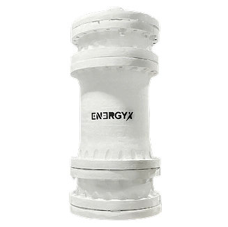 A white, cylindrical industrial component with "ENERGYX" printed vertically on its side, against a black background.
