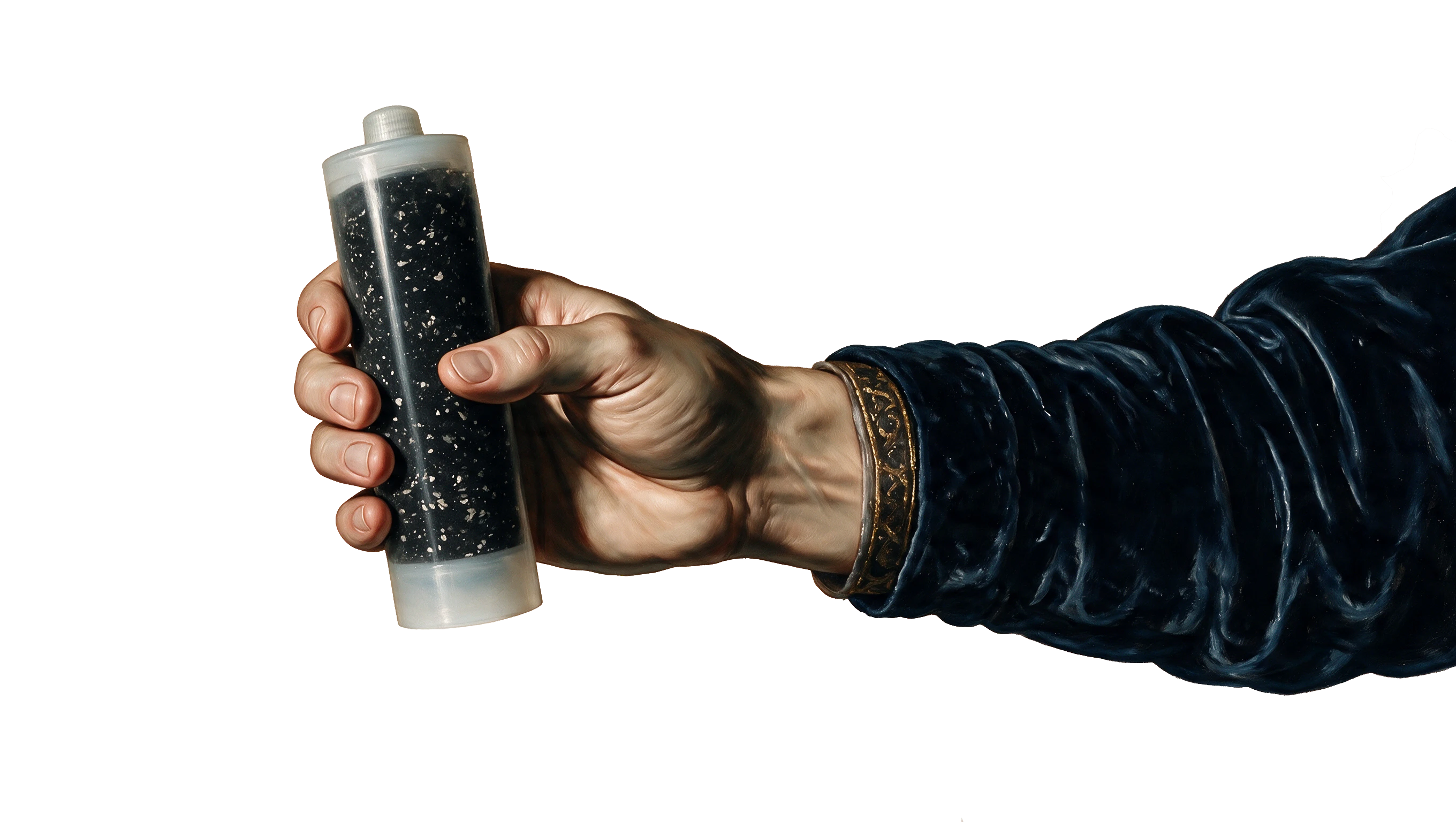A hand holding a FugeMads silicone cartridge with a dark stone tone