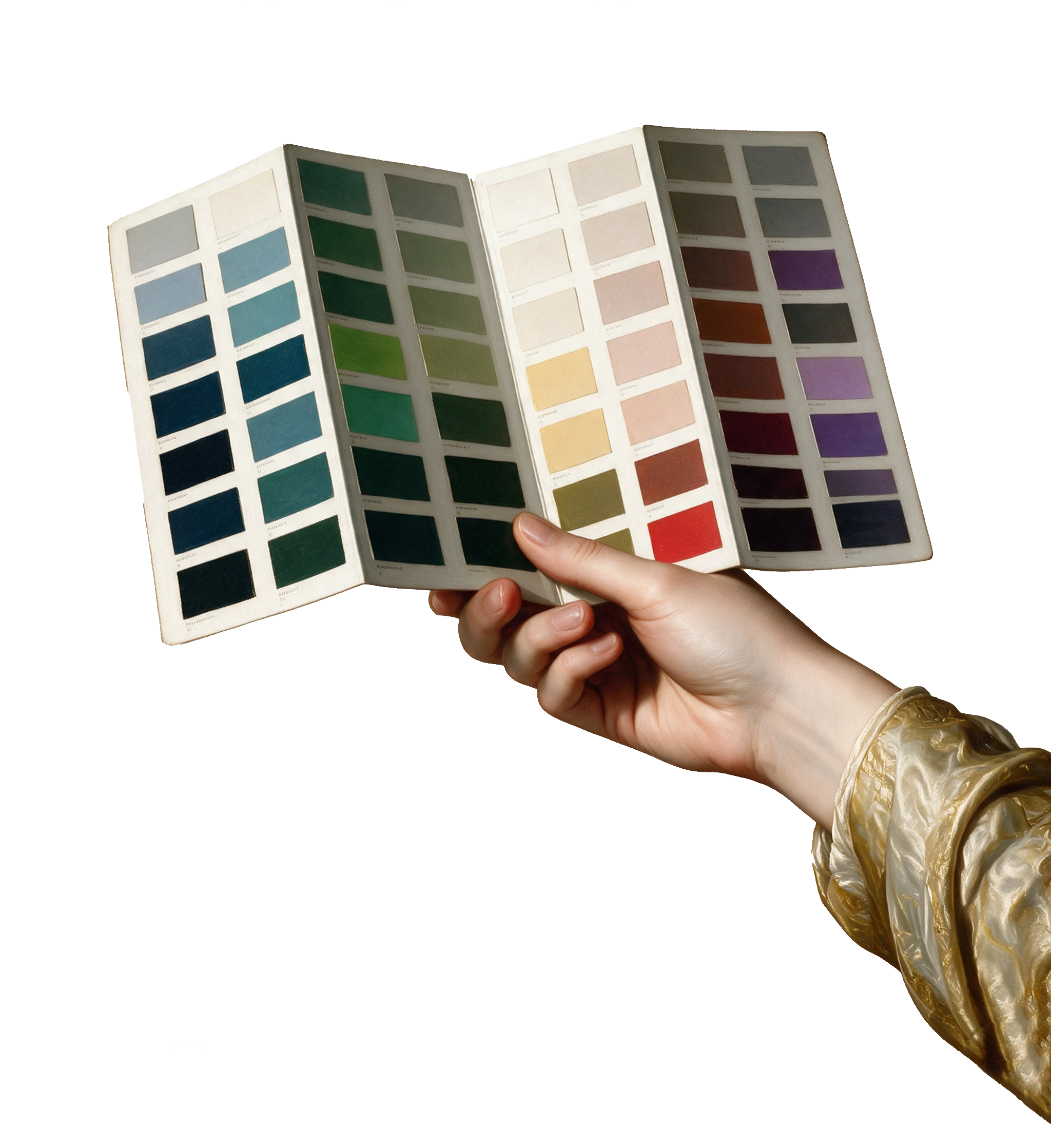 Hand in a gold silk sleeve holding up an open colour fan deck