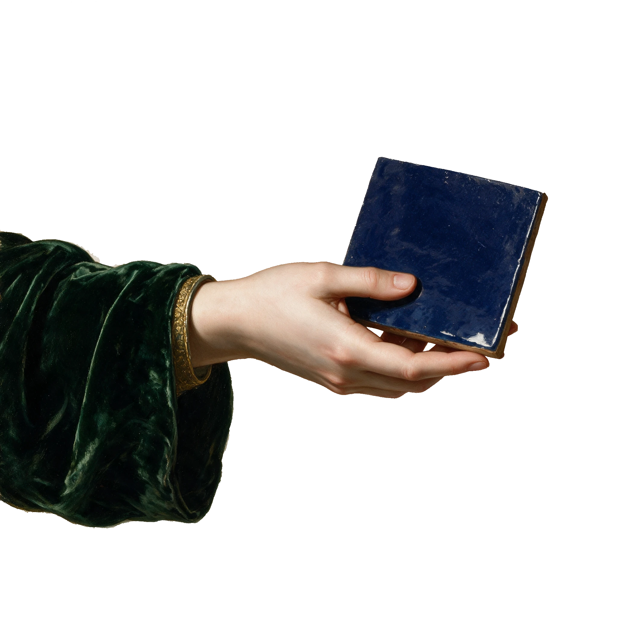 Hand in a green velvet sleeve holding a dark blue glazed tile