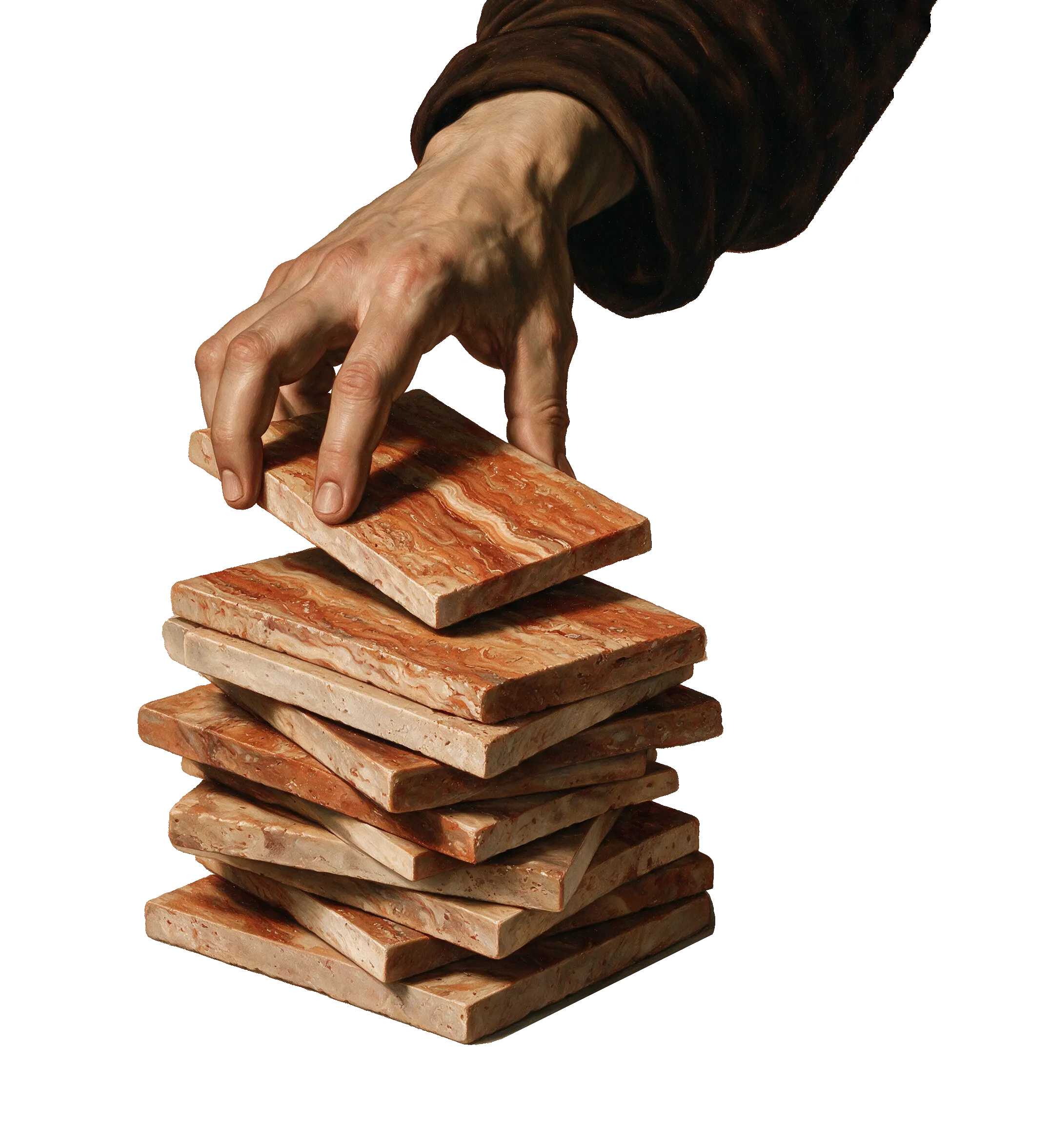 Hand in a dark brown sleeve placing a red travertine tile on top of a stack of identical tiles