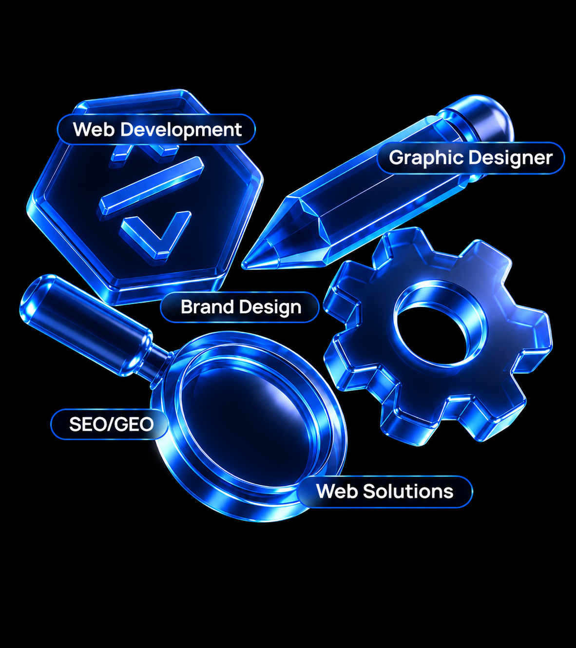 Blue neon icons representing web development, graphic design, brand design, SEO/GEO, and web solutions.