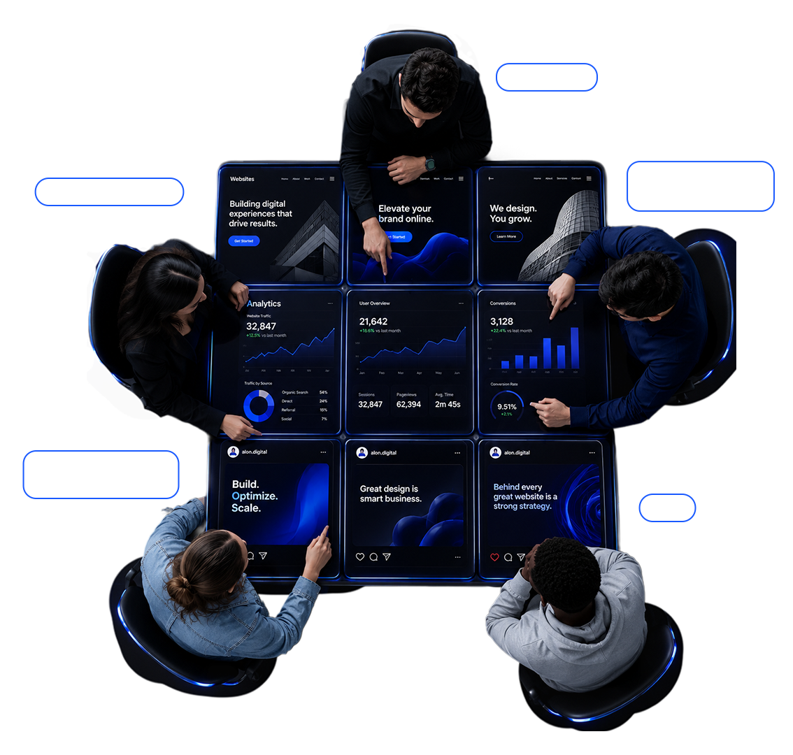 Top view of five digital team members around screens showing analytics, design, and development data.