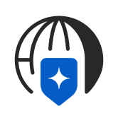 White globe with black outlines partially covered by a blue shield featuring a white sparkle icon.