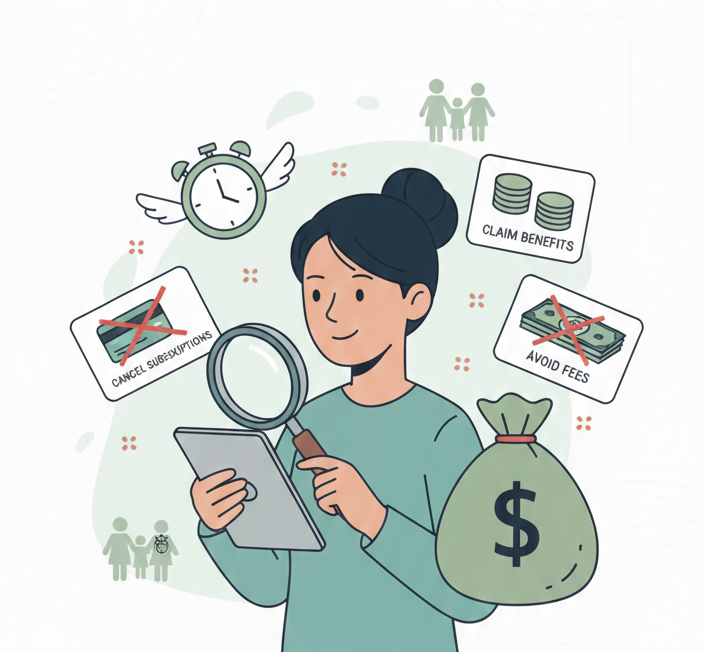 Image indicating that Josda helps users save time, money, and identify unclaimed benefits while working through the process of settling an estate.