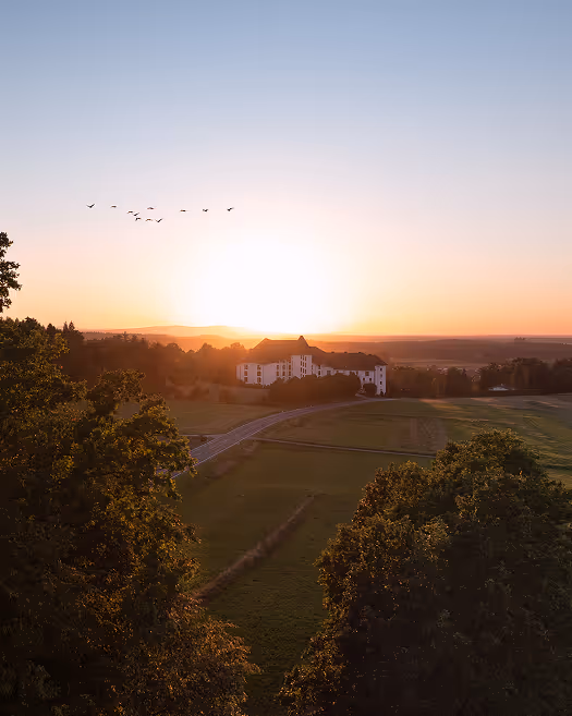 Sonnenaufgang über einer ländlichen Landschaft mit einem weißen Schloss und Vögeln am Himmel.