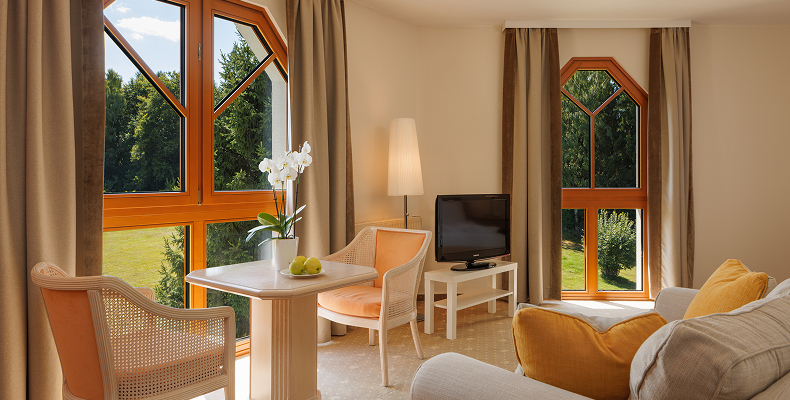 Helles Wohnzimmer mit zwei Sesseln, einem kleinen Tisch mit weißer Orchidee und grünem Apfel, einem Fernseher auf einem weißen Tisch sowie großen Fenstern mit braunen Vorhängen und Blick auf grüne Bäume.