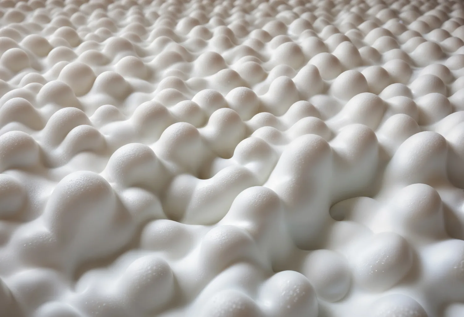 A close up of a bed with white balls on it.