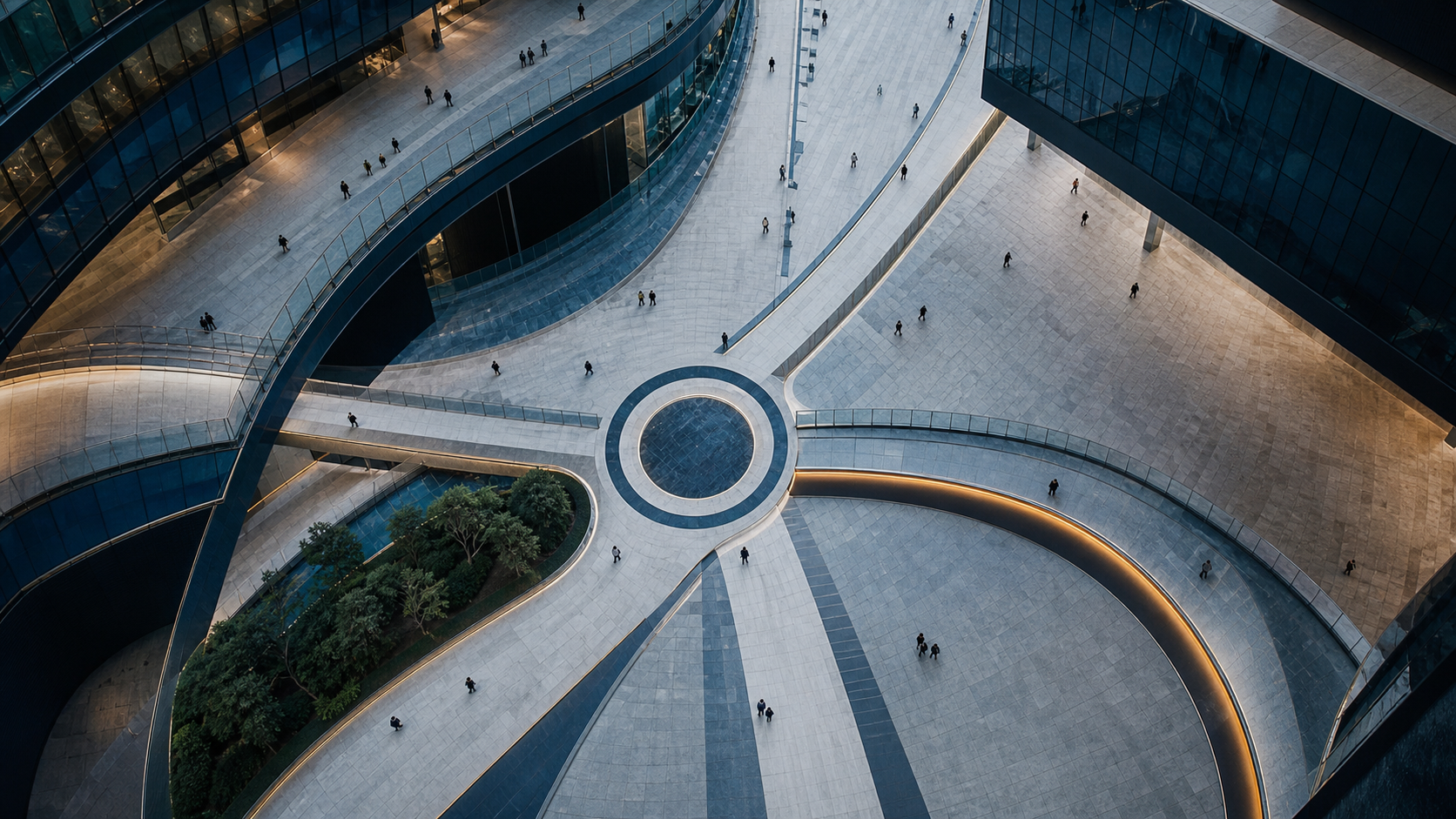 Aerial view of converging walkways in a modern building atrium, representing the diverse constituencies Third Horizon serves
