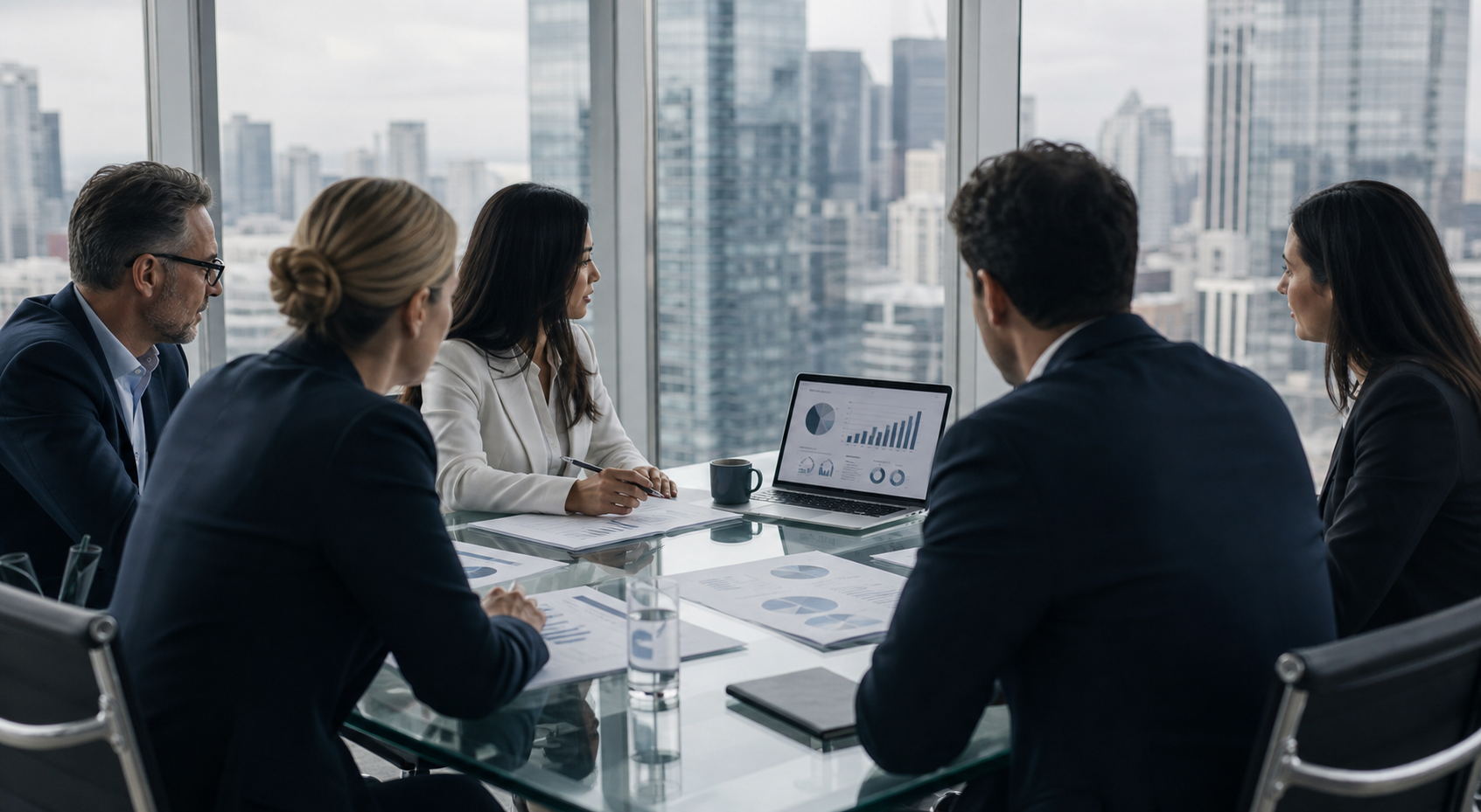 Corporate benefits leadership team reviewing analysis in a conference room