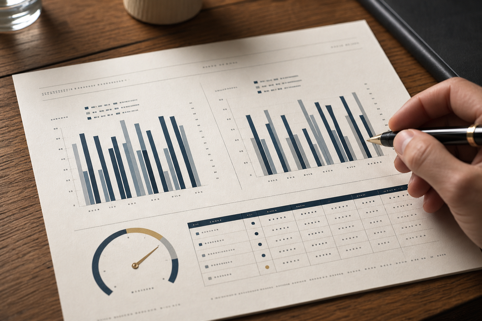 Printed policy measurement charts and parity-score data reviewed at close range