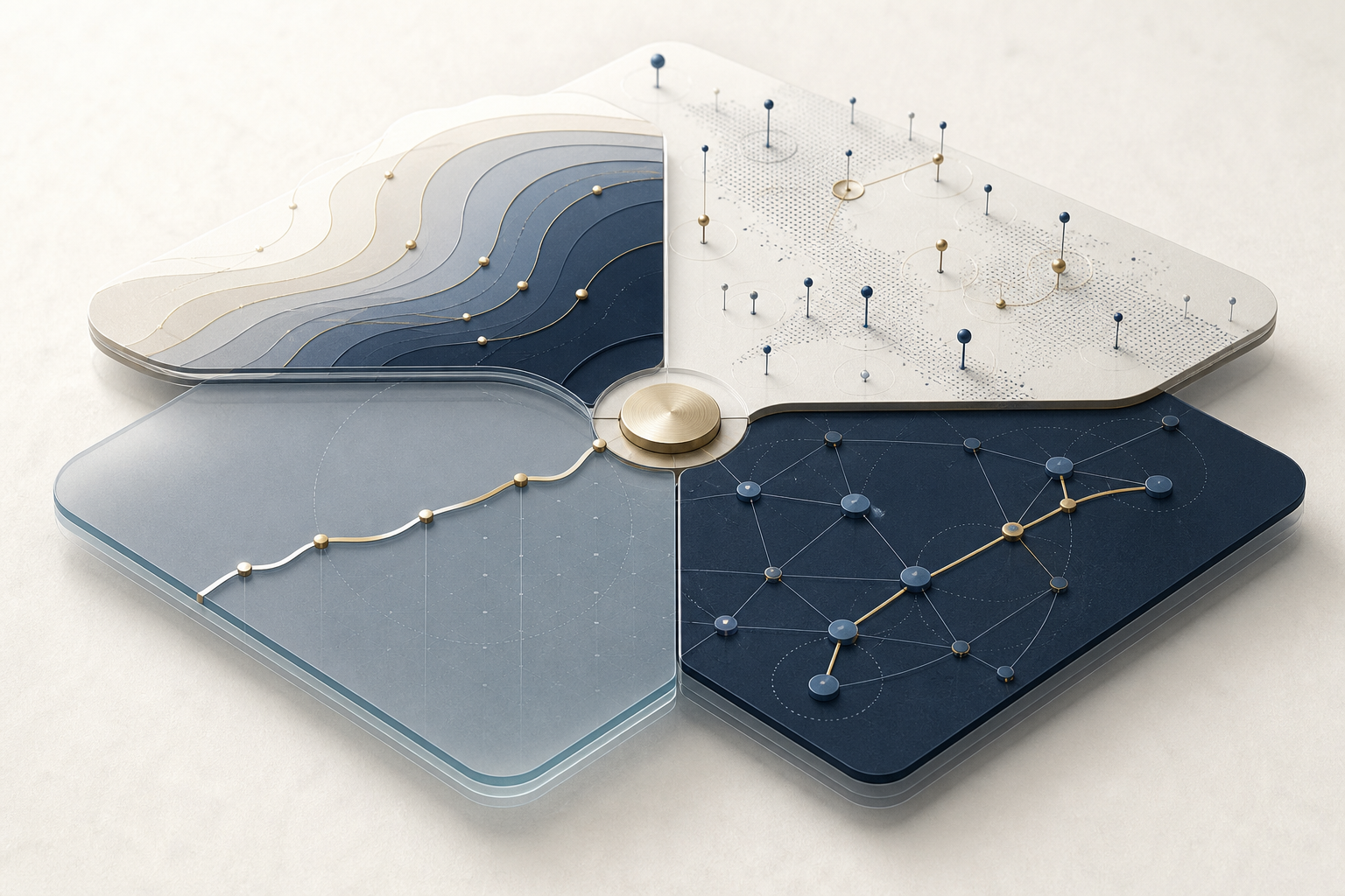 Four connected analytical views for rate benchmarking, market entry, compliance, and network cost modeling