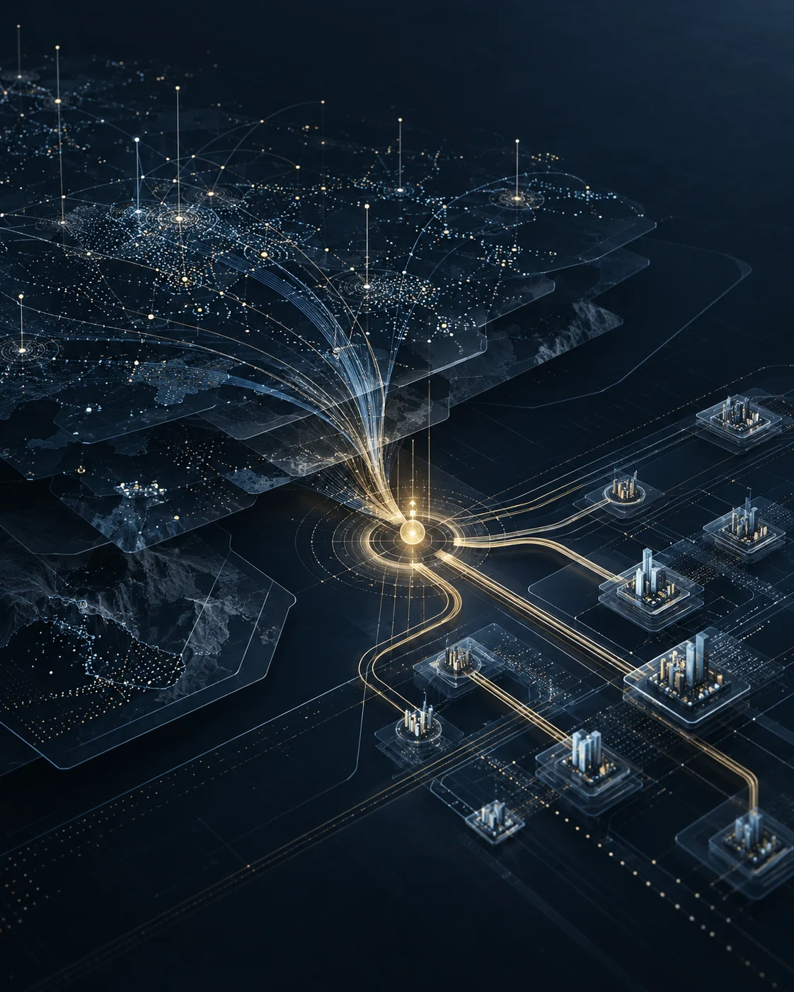 Abstract systems map showing many signals converging into a leverage point and execution pathways.