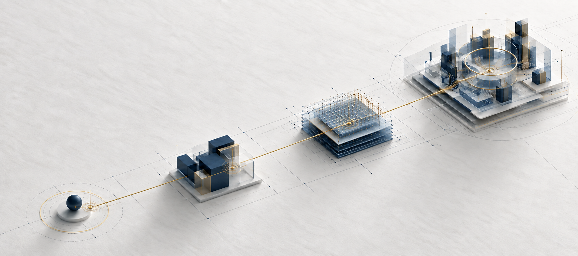 Abstract architectural progression from a single origin to a platform-enabled advisory system.