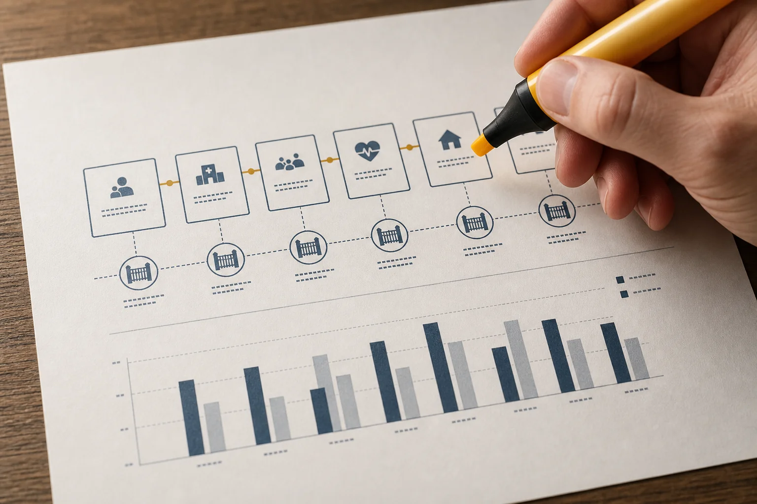 Printed payment model data and benchmark charts reviewed at close range
