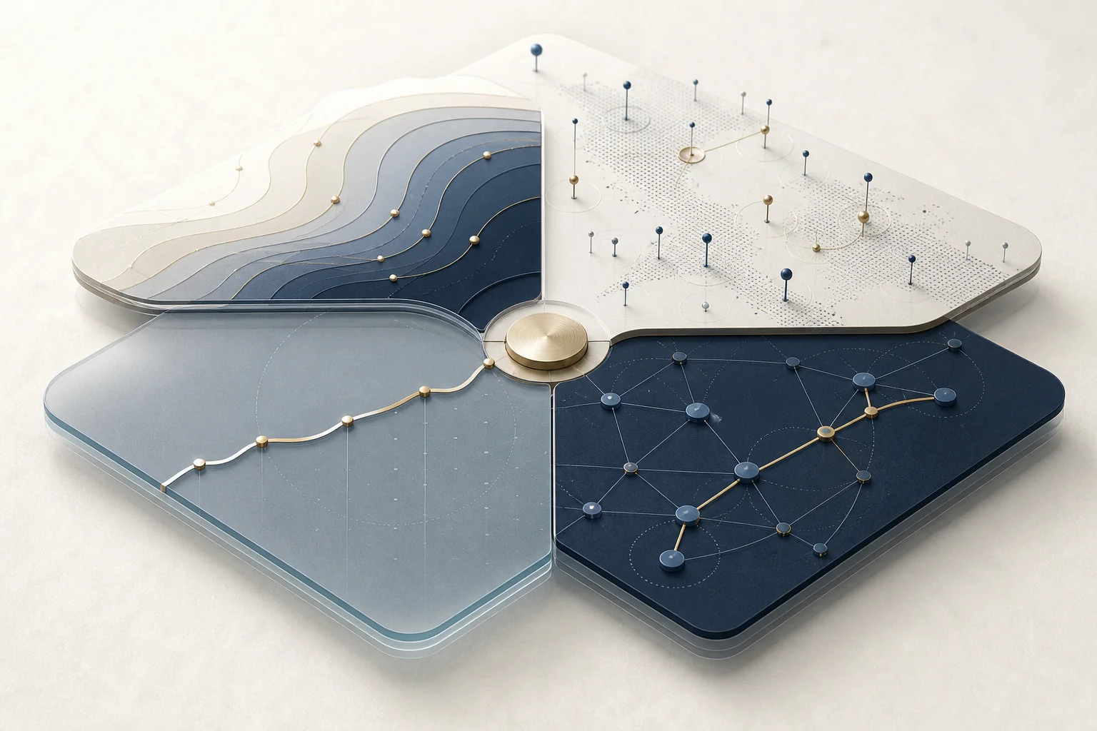 Four connected analytical views for rate benchmarking, market entry, compliance, and network cost modeling