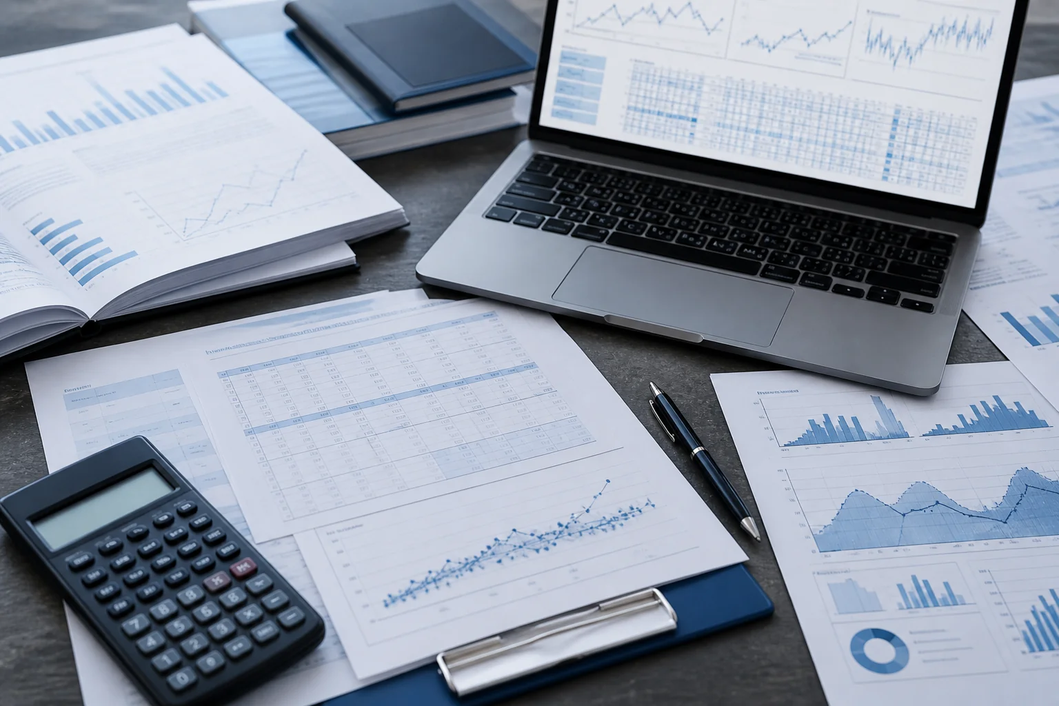 Desk with actuarial reports and rate analysis materials