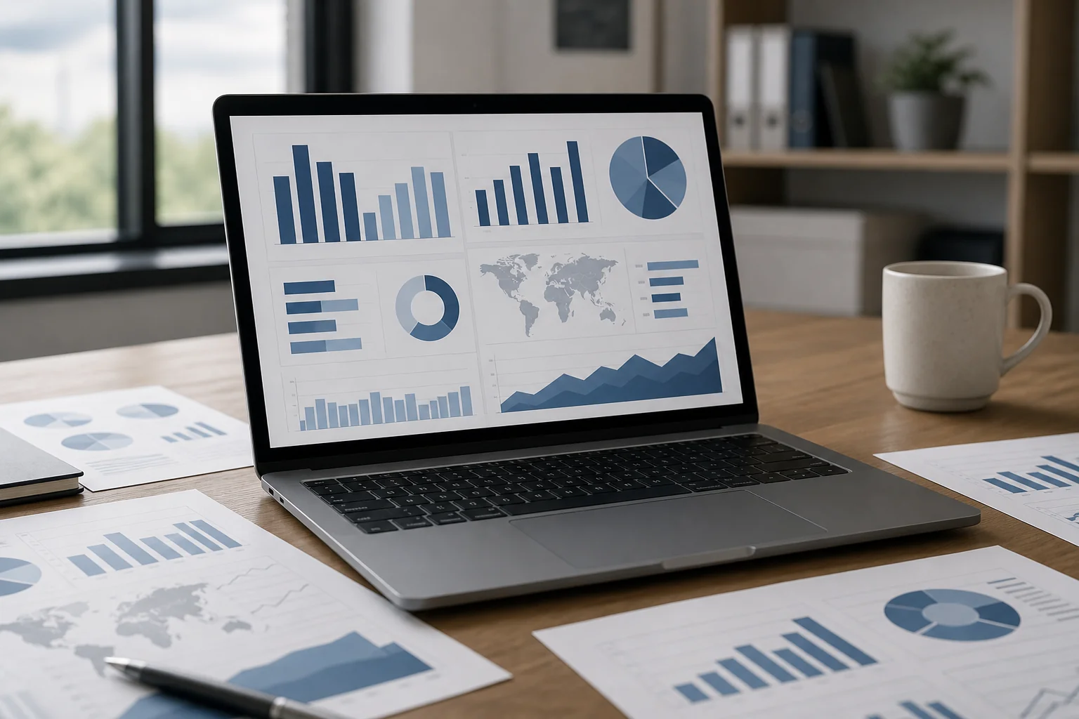 Laptop displaying analytics dashboards beside printed data charts
