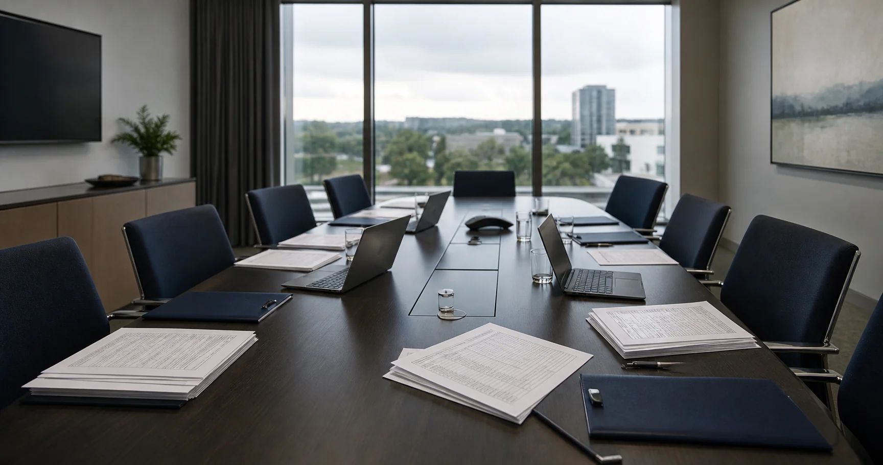 Empty conference room set up for a health plan contract negotiation