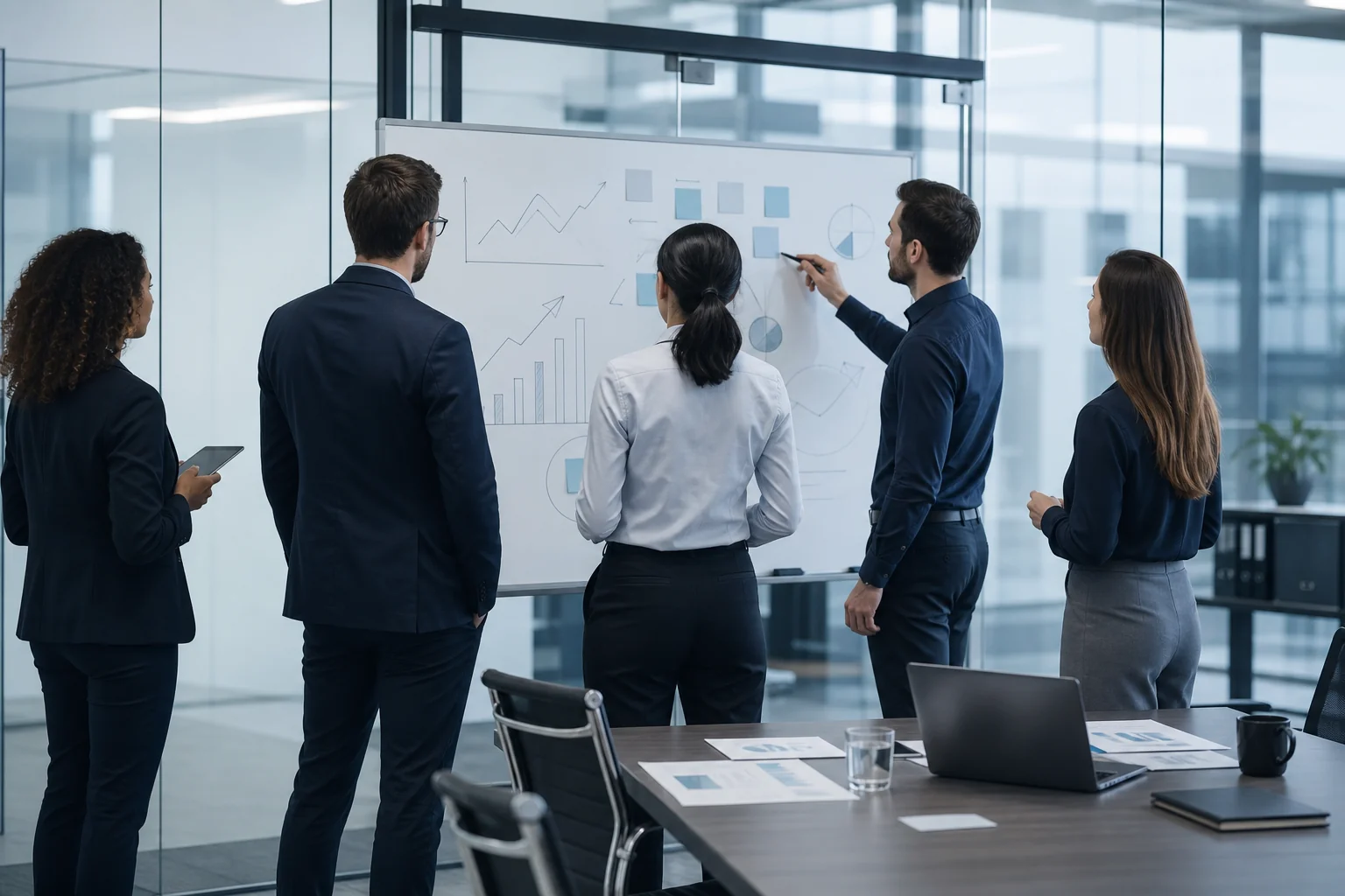 Corporate strategy meeting around a whiteboard