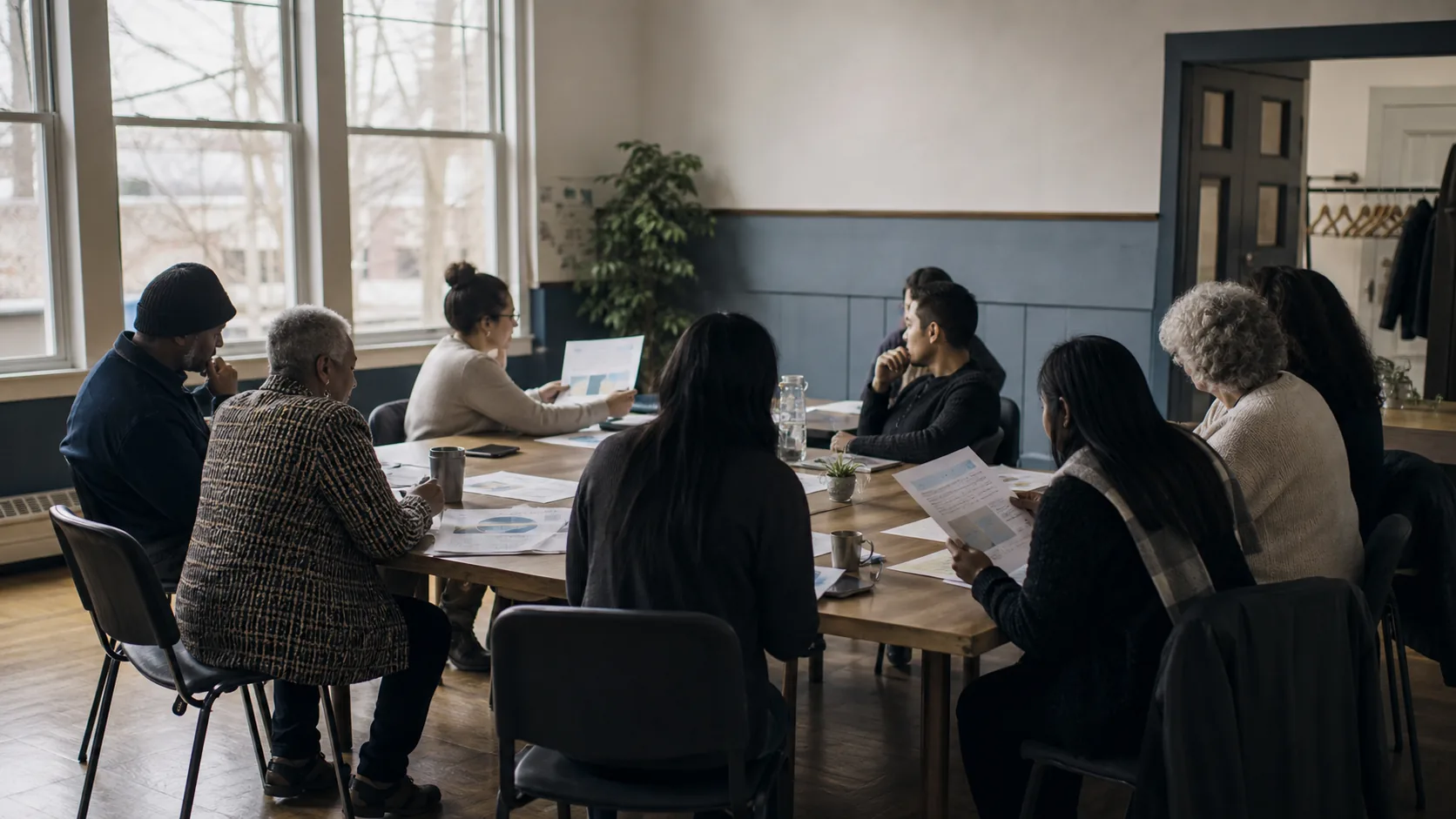 Community health coalition reviewing reports together at a meeting table