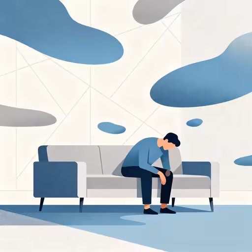 Illustration of a person sitting on a couch with head down, surrounded by cloud-like shapes in the background.