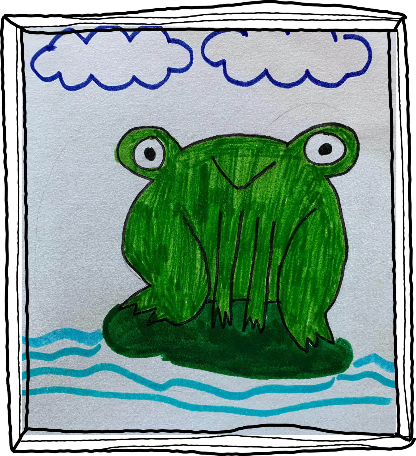 Marker drawing of a frog sitting on a lilypad