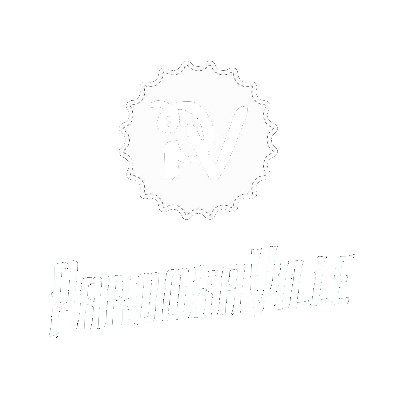 Parookaville logo featuring stylized overlapping letters P and V inside a gear-shaped border, with the text 'Parookaville' beneath.