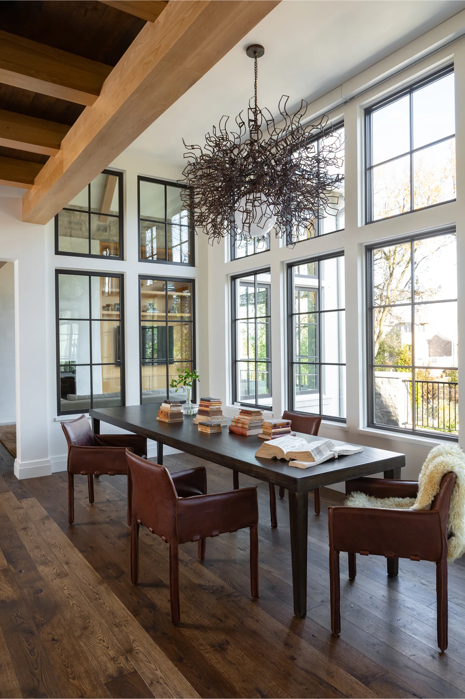 Modern dining room with wood flooring