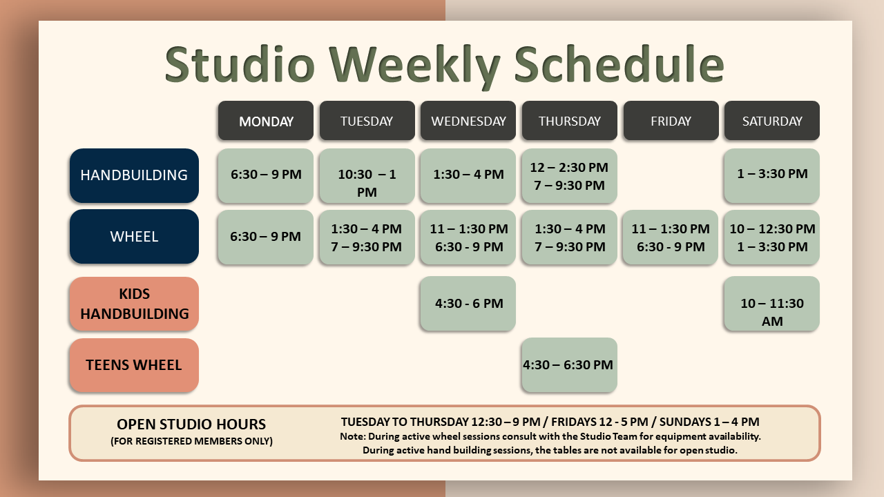 Studio Weekly Schedule chart showing class times for Handbuilding and Wheel activities from Monday to Saturday, including kids and teens sessions, with open studio hours noted at the bottom.