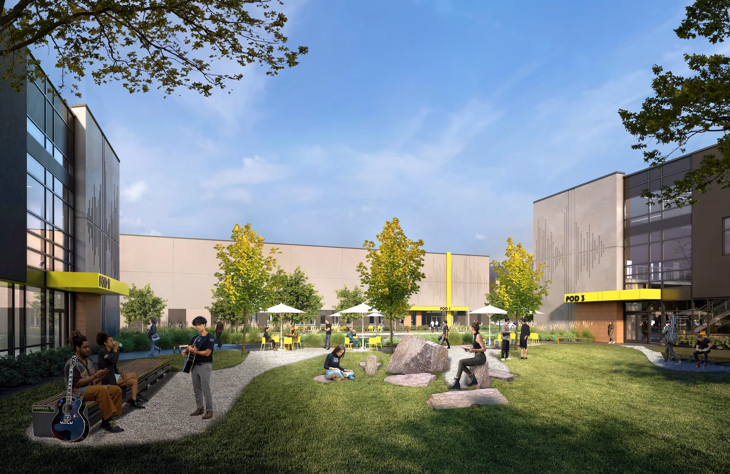 Exterior rendering of green space on Rock Nashville campus