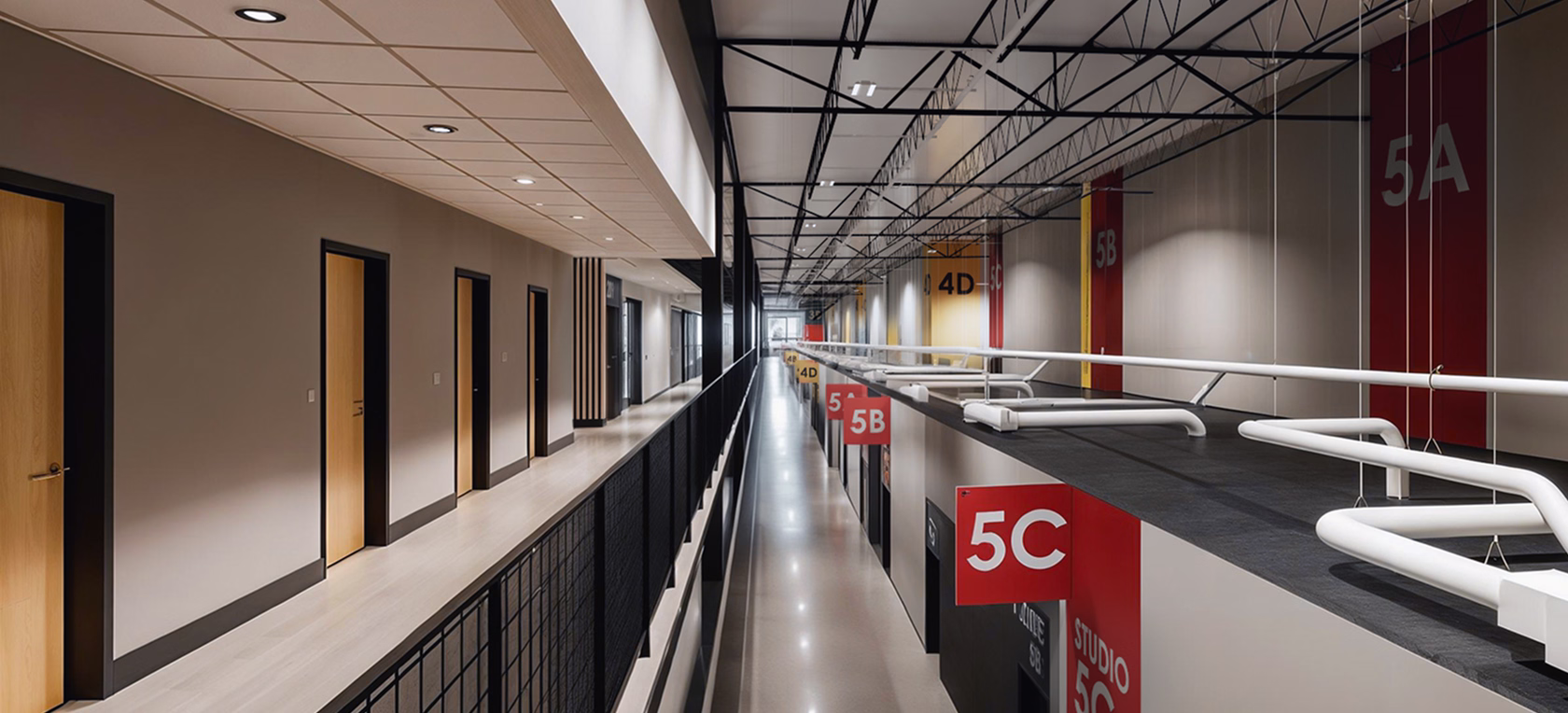 Rendering of Rock Nashville Studios' hallway from building 3 mezzanine