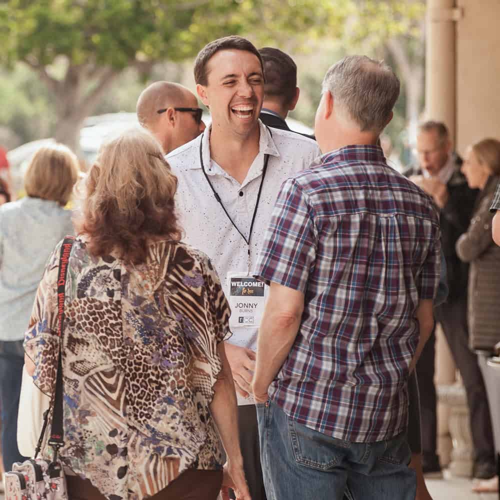 Jonny Burns welcoming people to Richfield Community Church in Yorba Linda, California