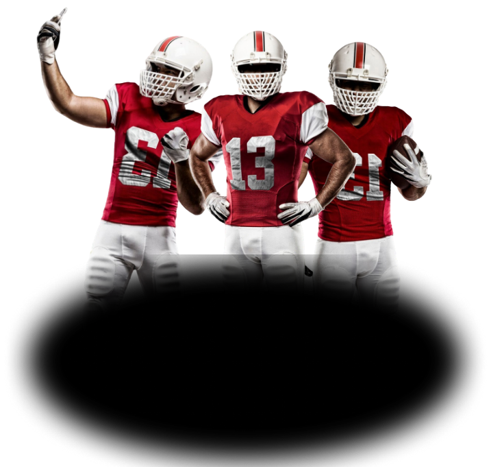 Three football players in red jerseys with a subtle gradient background.