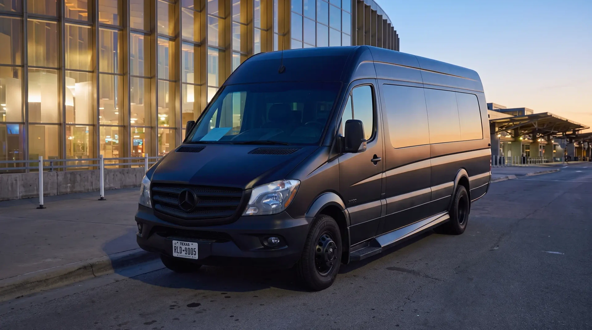 VANTA BLK matte black Mercedes-Benz Sprinter at Austin-Bergstrom International Airport