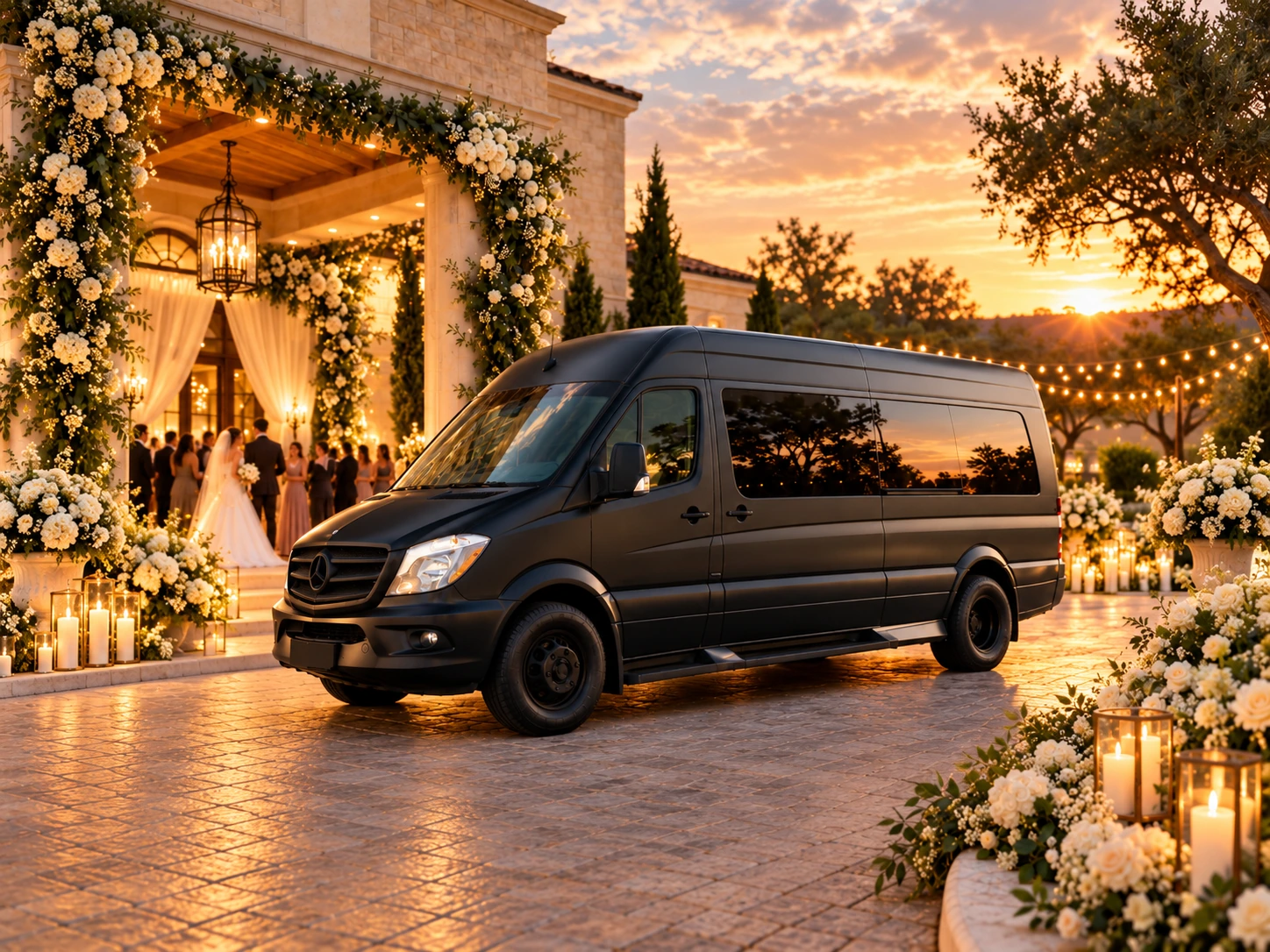 VANTA BLK matte black Mercedes-Benz Sprinter at a wedding venue