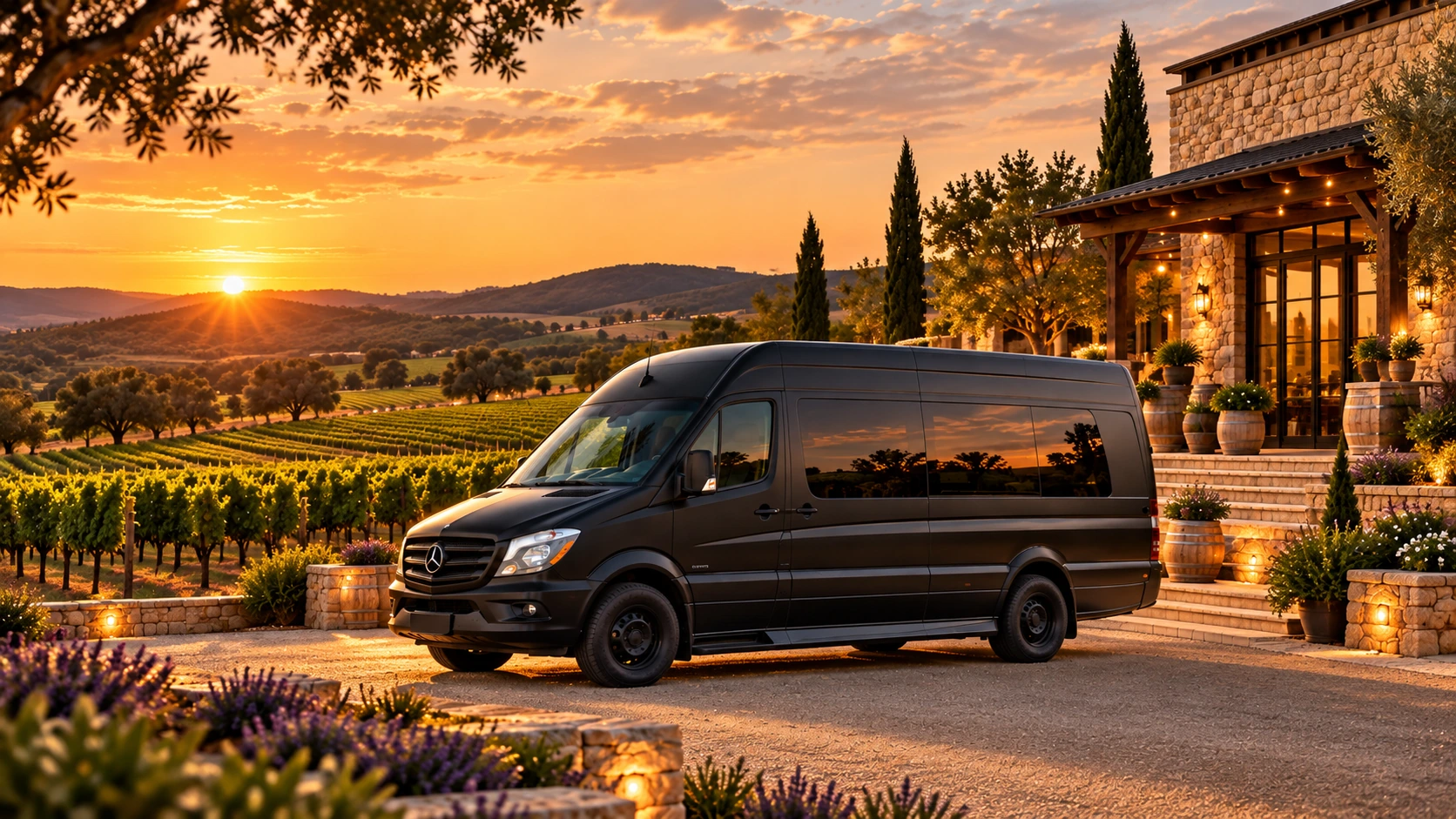 VANTA BLK matte black Mercedes-Benz Sprinter beside a vineyard