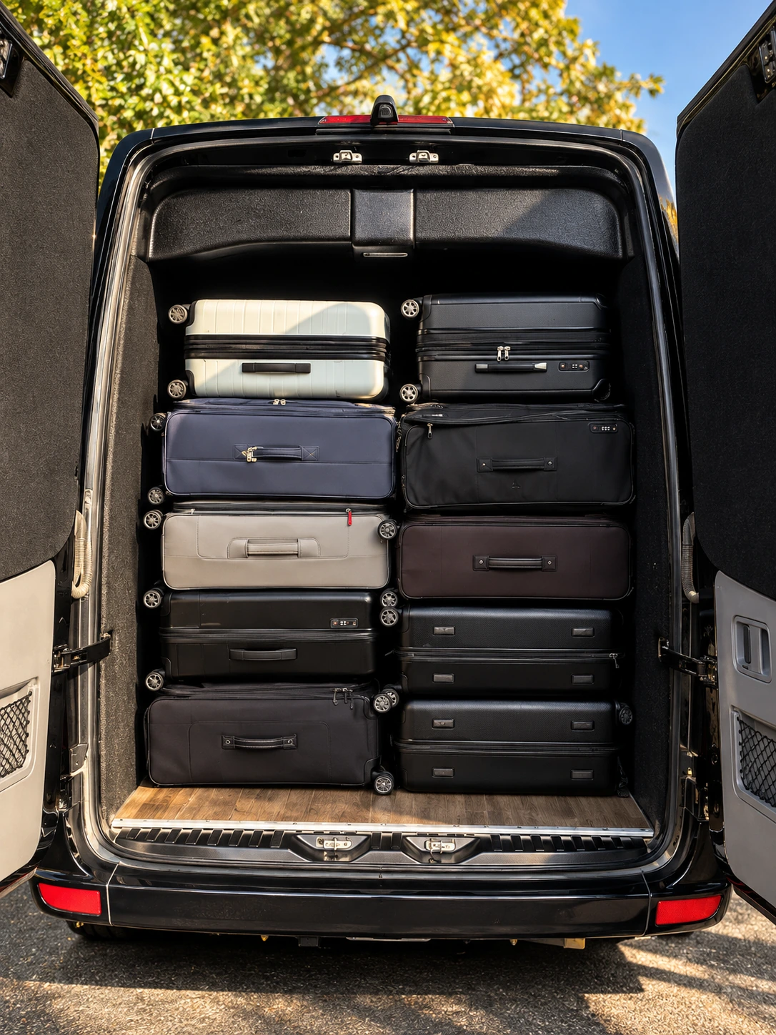 Luggage stored in the rear of the VANTA BLK Sprinter