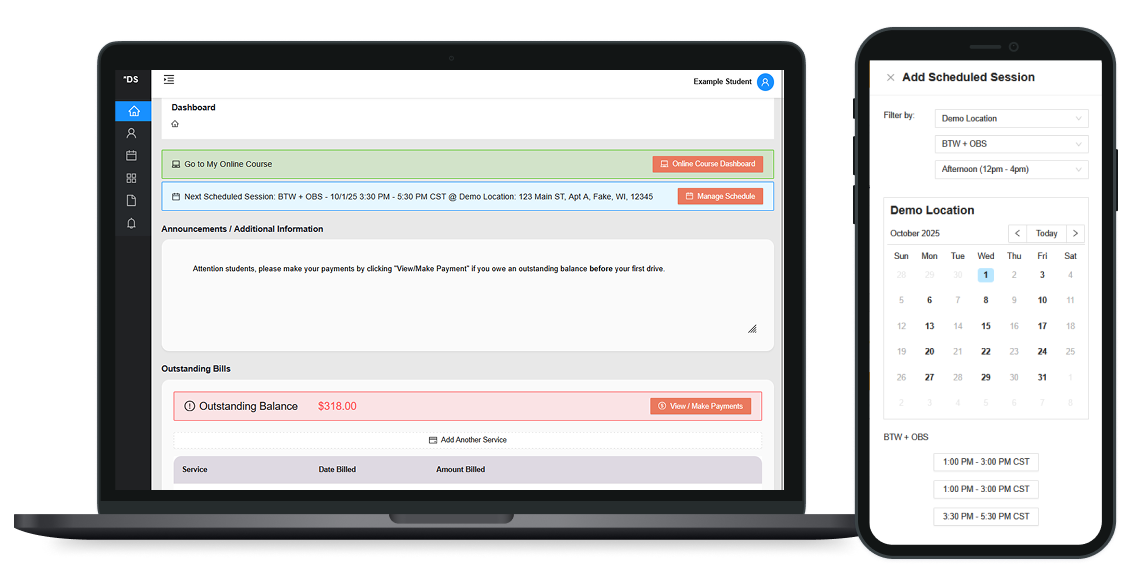 Dashboard on laptop showing online course access, next scheduled session, payment reminder, and outstanding balance of $318, alongside smartphone screen with 'Add Scheduled Session' interface for selecting location, course, date, and time slots.